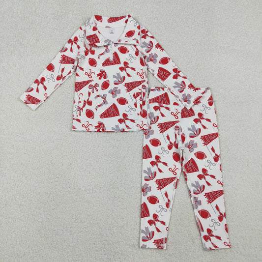 GLP2860 Go Team Cheer Bows Red Zipper Pullover Top Legging Pants Girls Yoga Clothes Set