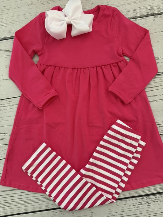(Pre-order)GLP2863 Hot Pink Tunic Top Stripes Pants Girls Fall Clothes Set