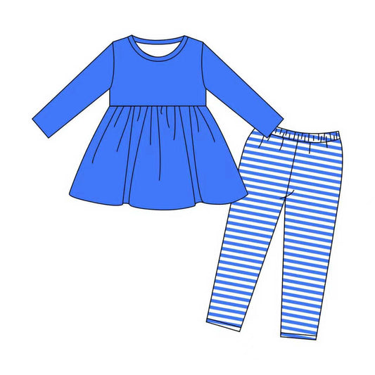 (Pre-order)GLP2865 Blue Tunic Top Stripes Pants Girls Fall Clothes Set