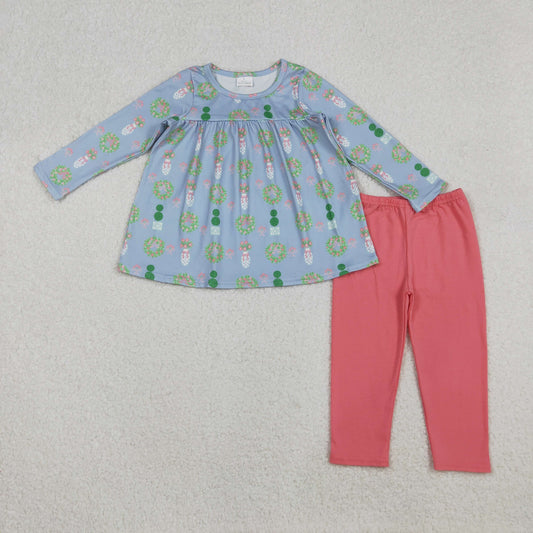 GLP2868 Holly Bows Tunic Top Pink Pants Girls Christmas Clothes Set