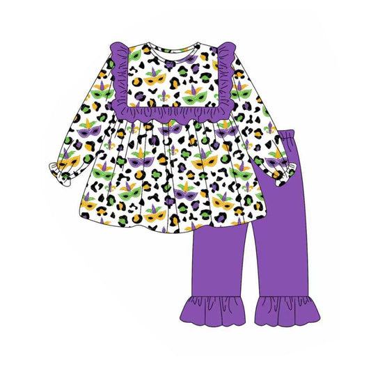 (Pre-order)GLP2869 Mask Leopard Tunic Top Purple Pants Girls Mardi Gras Clothes Set