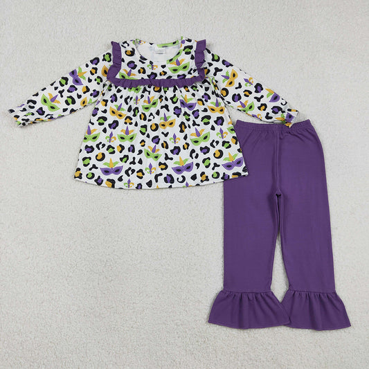 GLP2869 Mask Leopard Tunic Top Purple Pants Girls Mardi Gras Clothes Set