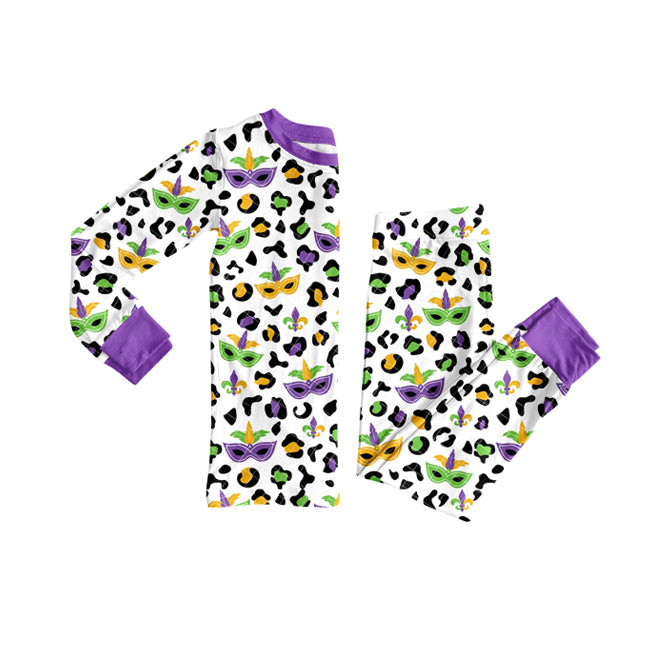 (Pre-order)GLP2870 Mask Leopard Print Girls Mardi Gras Pajamas Clothes Set