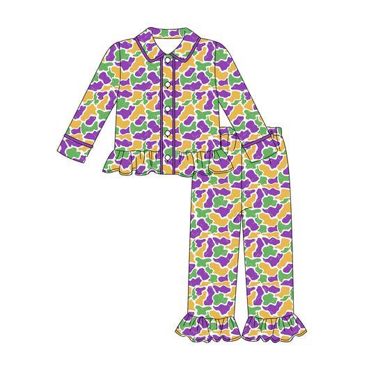 (Pre-order)GLP2871 Camo Print Girls Mardi Gras Buttons Pajamas Clothes Set