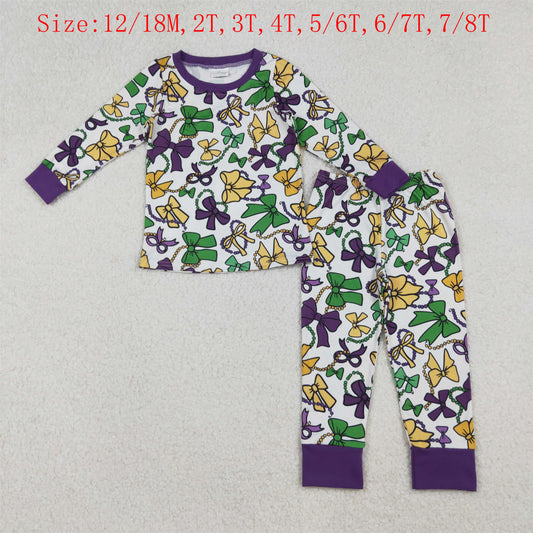 GLP2872 Colorful Bows Print Girls Mardi Gras Pajamas Clothes Set