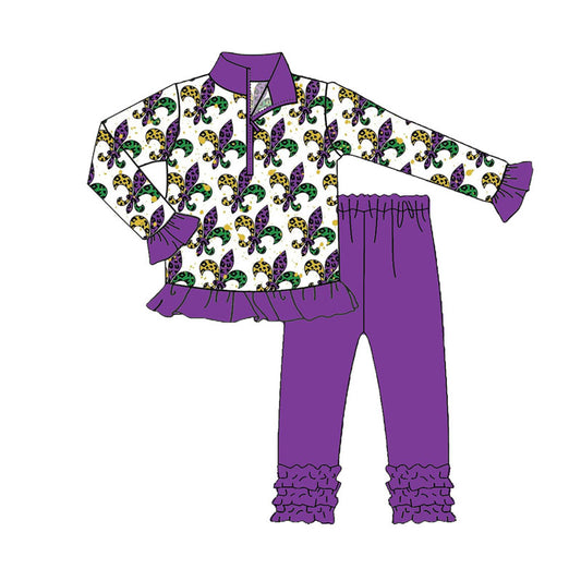 (Pre-order)GLP2873 Anchor Leopard Zipper Pullover Top Purple Pants Girls Mardi Gras Clothes Set