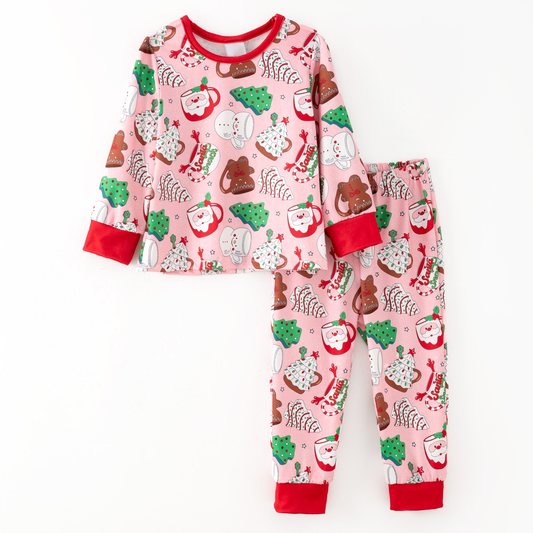 (Pre-order)GLP2879 Santa Cup Print Girls Christmas Pajamas Clothes Set