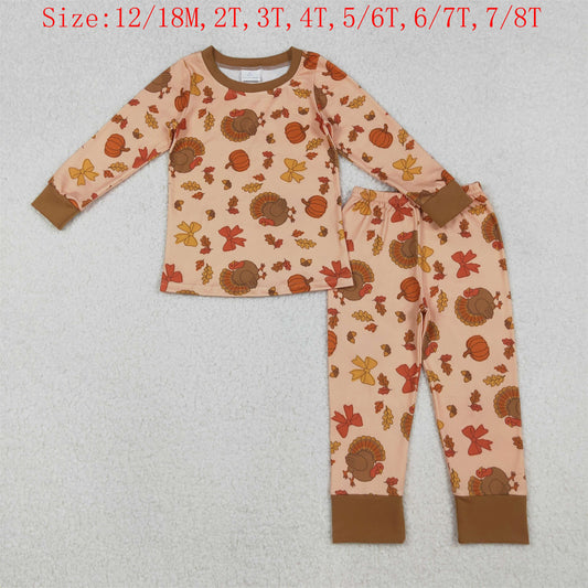 GLP2883 Turky Bows Print Girls Thanksgiving Pajamas Clothes Set