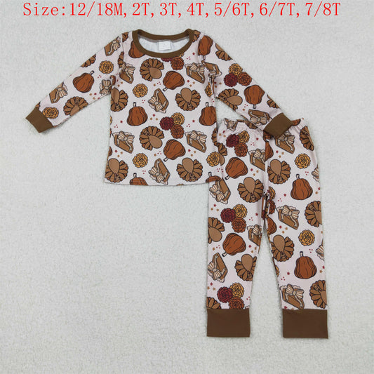 GLP2884 Pie Pumpkin Turky Print Girls Thanksgiving Pajamas Clothes Set