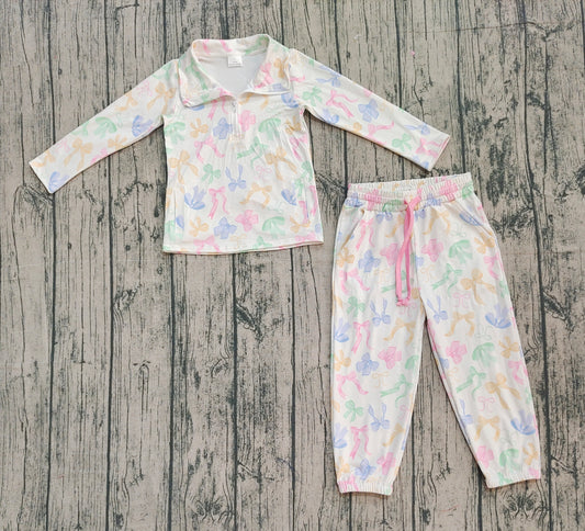(Pre-order)GLP2886 Colorful Bows Zipper Top Pockets Joggers Girls Fall Clothes Set