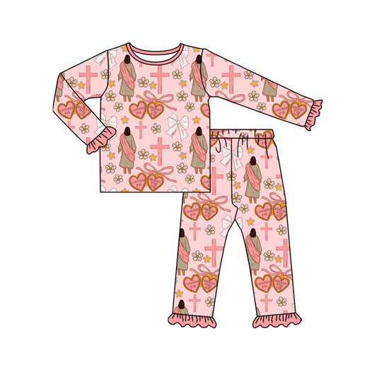 (Pre-order)GLP2889 Jesus Flowers Bows Cross Print Girls Easter Pajamas Clothes Set
