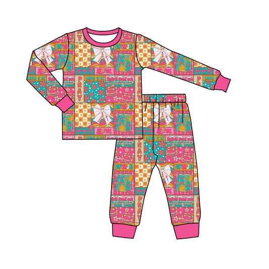 (Pre-order)GLP2890 Flowers Bows Cross Jesus Print Girls Easter Pajamas Clothes Set