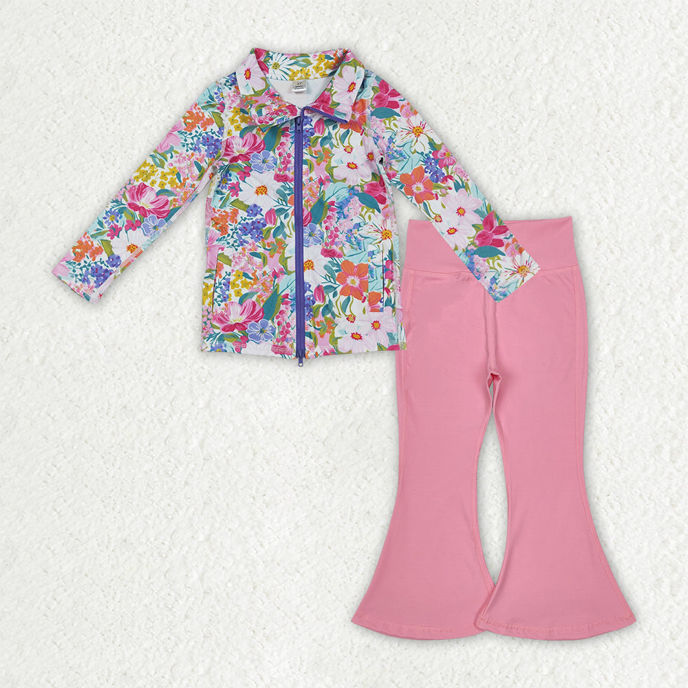 GLP2893 Colorful Flowers Zipper Jackets Top Pink Bell Pants Girls Yoga Clothes Set