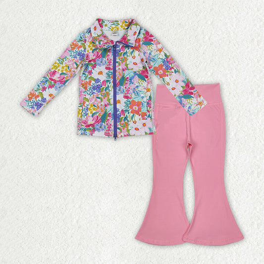 GLP2893 Colorful Flowers Zipper Jackets Top Pink Bell Pants Girls Yoga Clothes Set