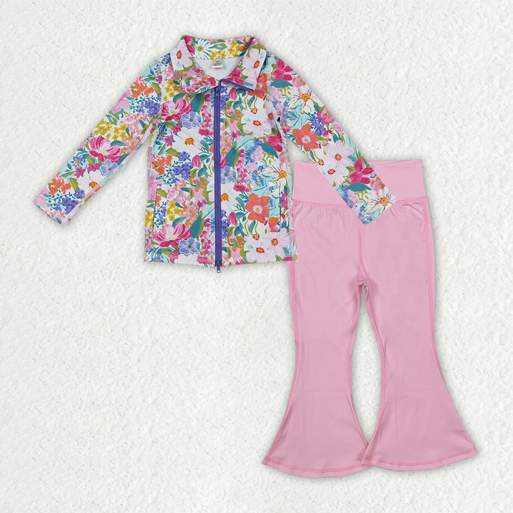 GLP2894 Colorful Flowers Zipper Jackets Top Light Pink Bell Pants Girls Yoga Clothes Set
