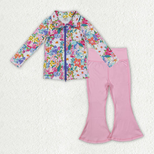 GLP2894 Colorful Flowers Zipper Jackets Top Light Pink Bell Pants Girls Yoga Clothes Set