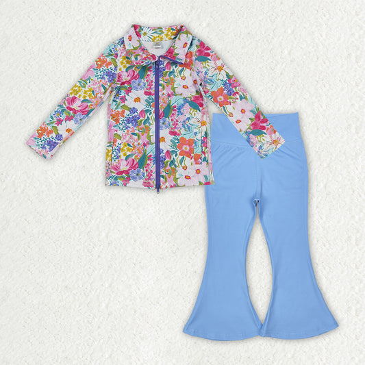 GLP2895 Colorful Flowers Zipper Jackets Top Blue Bell Pants Girls Yoga Clothes Set