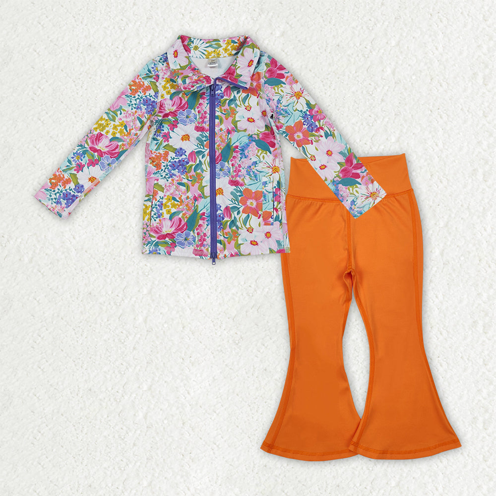 GLP2896 Colorful Flowers Zipper Jackets Top Orange Bell Pants Girls Yoga Clothes Set