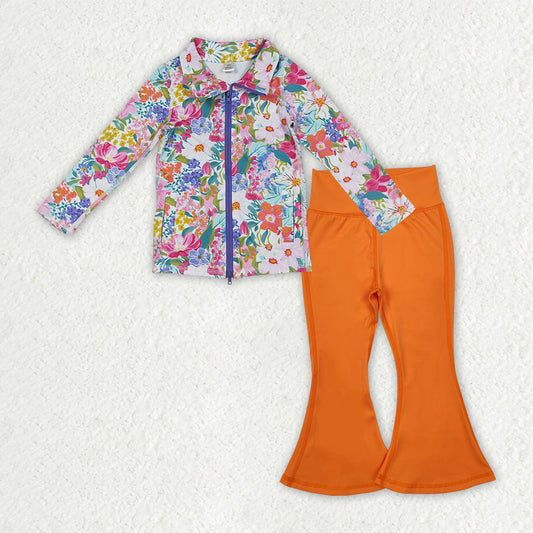 GLP2896 Colorful Flowers Zipper Jackets Top Orange Bell Pants Girls Yoga Clothes Set