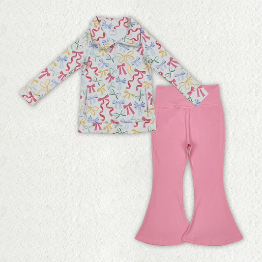 GLP2897 Colorful Bows Zipper Pullover Pockets Top Pink Bell Pants Girls Yoga Clothes Set