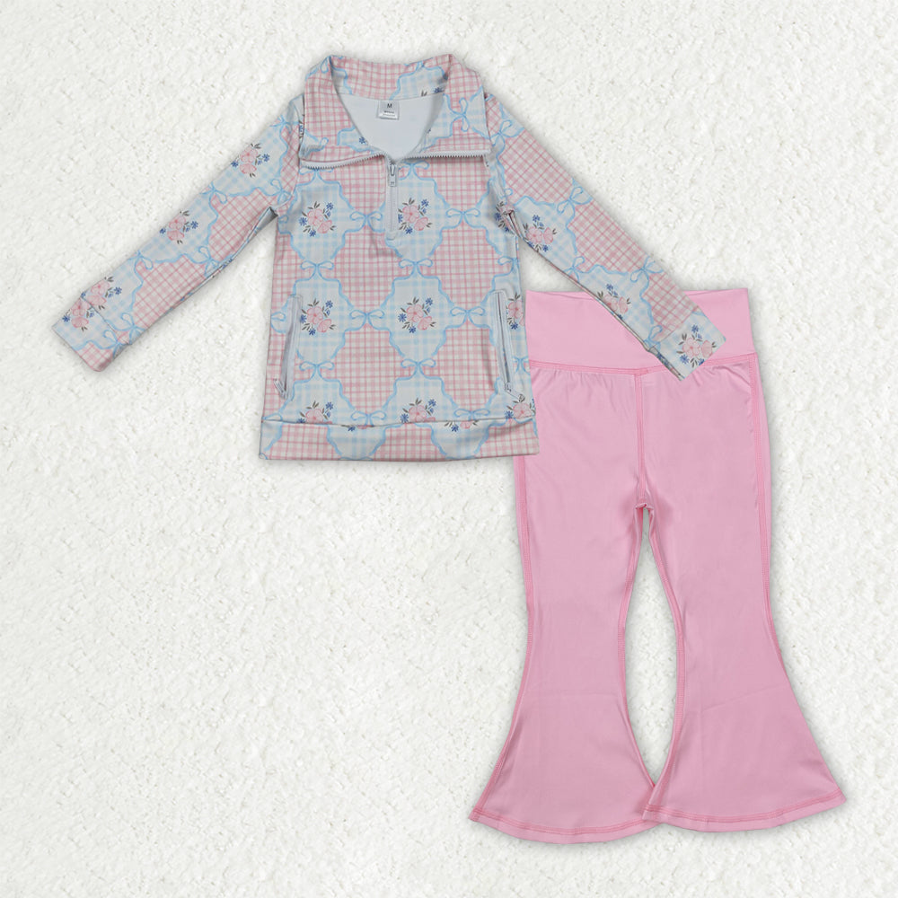 GLP2898 Flowers Bows Zipper Pullover Pockets Top Pink Bell Pants Girls Yoga Clothes Set