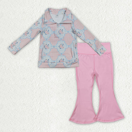 GLP2898 Flowers Bows Zipper Pullover Pockets Top Pink Bell Pants Girls Yoga Clothes Set