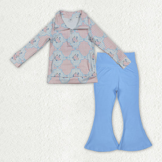 GLP2899 Flowers Bows Zipper Pullover Pockets Top Blue Bell Pants Girls Yoga Clothes Set