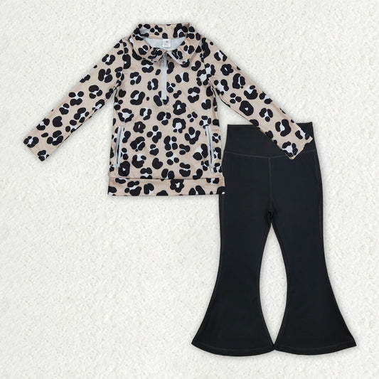 GLP2900 Leopard Zipper Pullover Pockets Top Black Bell Pants Girls Yoga Clothes Set