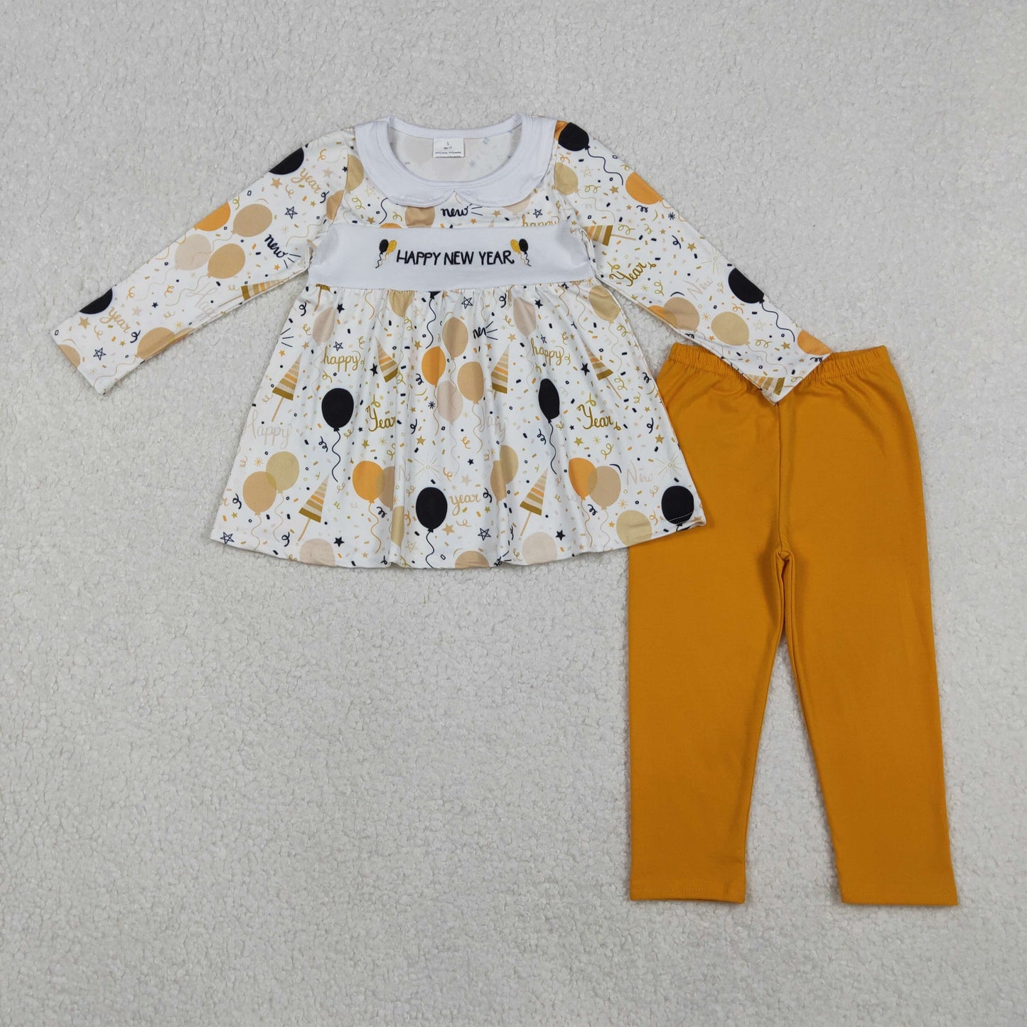 GLP2901 Happy New Year Embroidery Balloon Tunic Top Orange Pants Girls Clothes Set