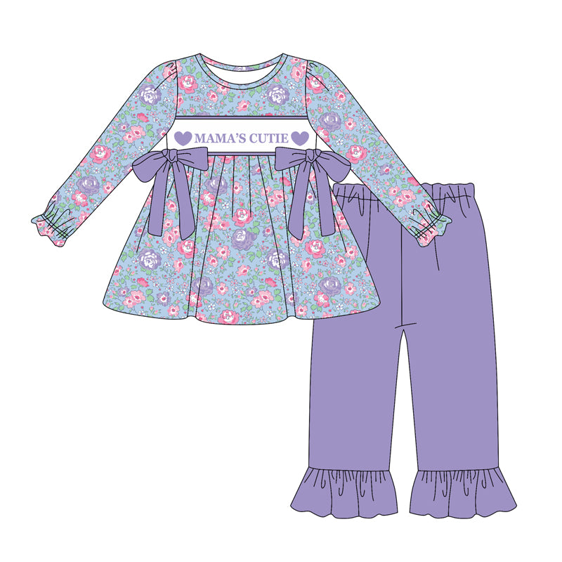 (Pre-order)GLP2902 MAMA'S CUTIE Heart Flowers Tunic Top Purple Pants Girls Clothes Set