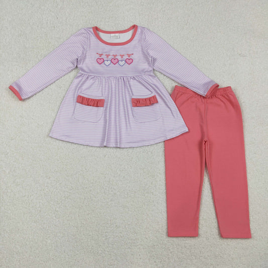 GLP2906 Heart Bows Embroidery Stripes Pockets Tunic Top Pink Pants Girls Valentine's Day Clothes Set