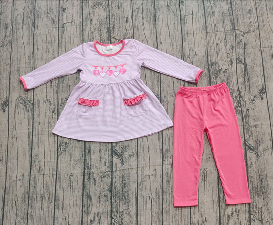 (Pre-order)GLP2906 Heart Bows Stripes Pockets Tunic Top Pink Pants Girls Valentine's Day Clothes Set