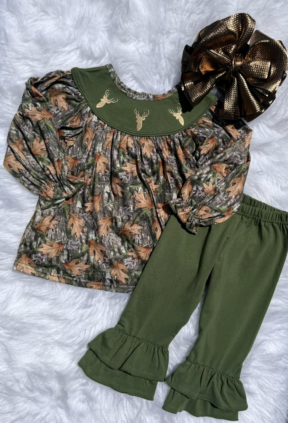 (Pre-order)GLP2908 Deer Branch Camo Tunic Top Green Pants Girls Fall Clothes Set