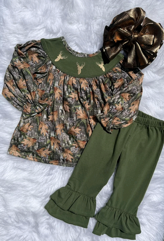 (Pre-order)GLP2908 Deer Branch Camo Tunic Top Green Pants Girls Fall Clothes Set