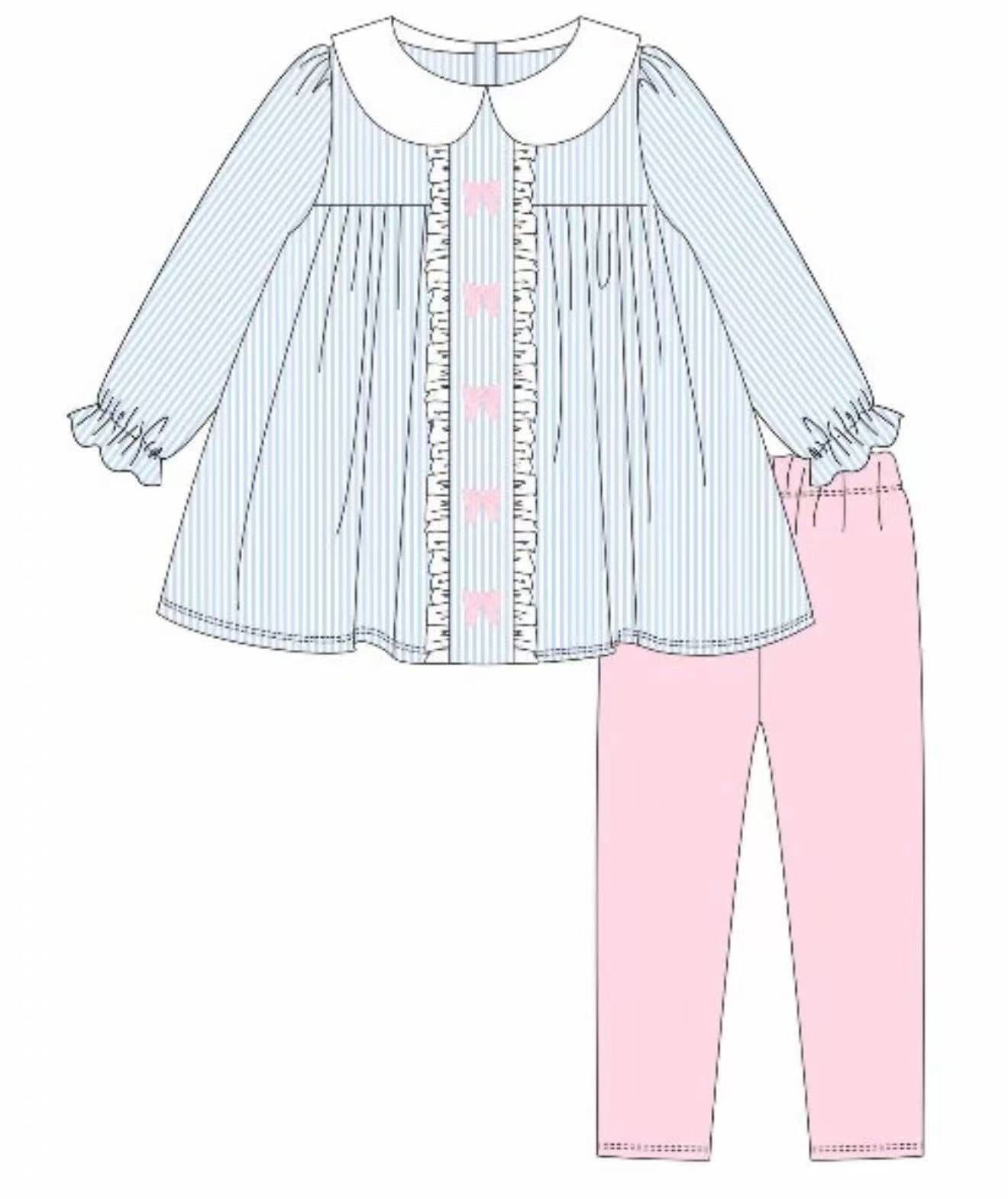 (Pre-order)GLP2910 Bow Blue Stripes Tunic Top Pink Pants Girls Clothes Set