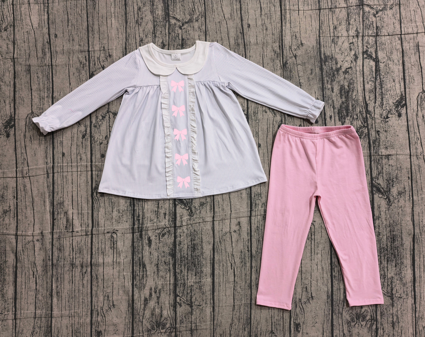 (Pre-order)GLP2909 Bows Stripes Tunic Top Pink Legging Pants Girls Clothes Set