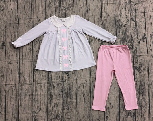 (Pre-order)GLP2909 Bows Stripes Tunic Top Pink Legging Pants Girls Clothes Set