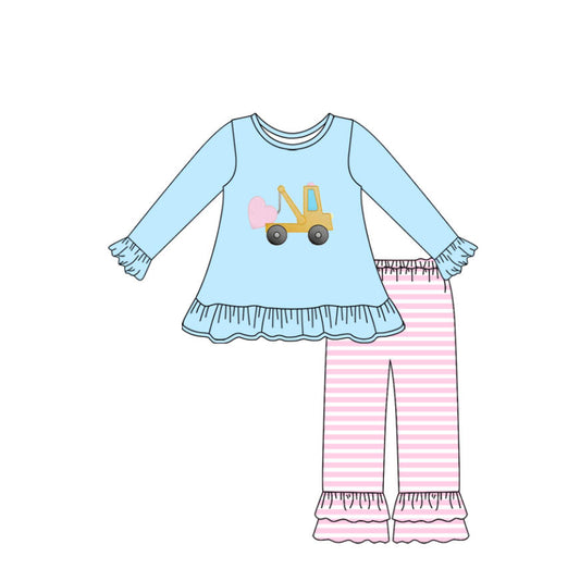 (Pre-order)GLP2911 Trucks Heart Blue Tunic Top Pink Stripes Pants Girls Valentine's Day Clothes Set