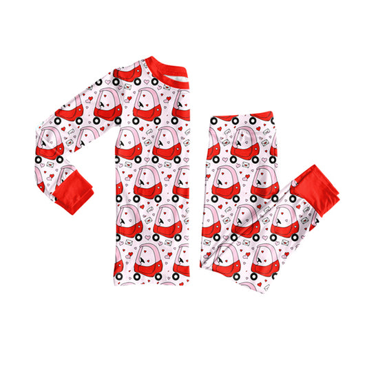 (Pre-order)GLP2913 Trucks Heart Red Plaid Print Girls Valentine's Day Pajamas Clothes Set