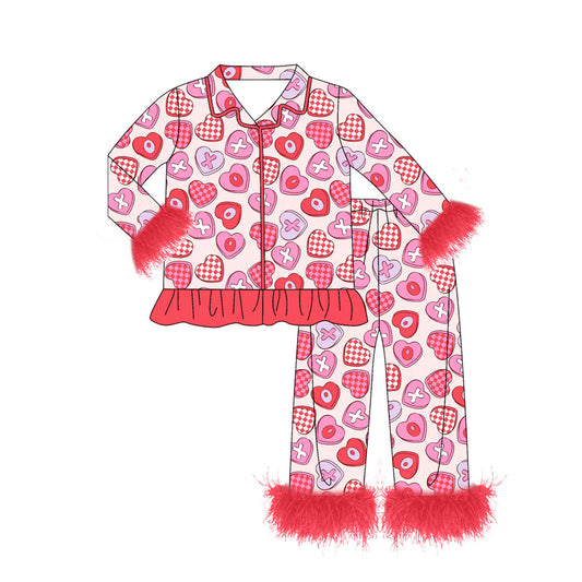 (Pre-order)GLP2915 XOXO Heart Red Print Girls Valentine's Day Buttons Fur Pajamas Clothes Set