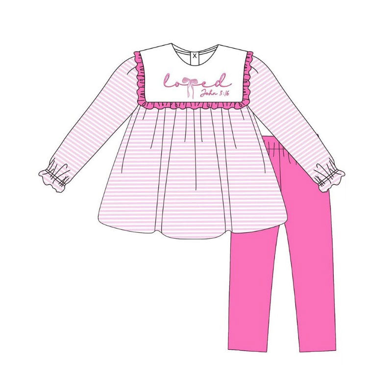 (Pre-order)GLP2916 LOVE John 3:16 Stripes Tunic Top Pink Pants Girls Valentine's Day Clothes Set