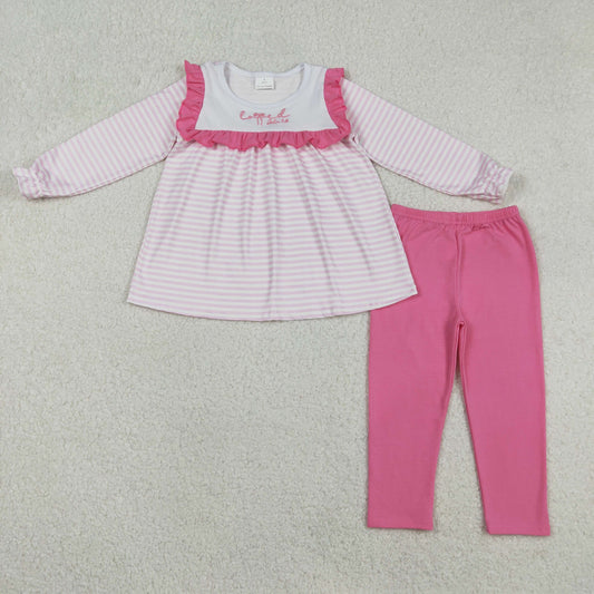 GLP2916 LOVE John 3:16 Embroidery Stripes Tunic Top Pink Pants Girls Valentine's Day Clothes Set