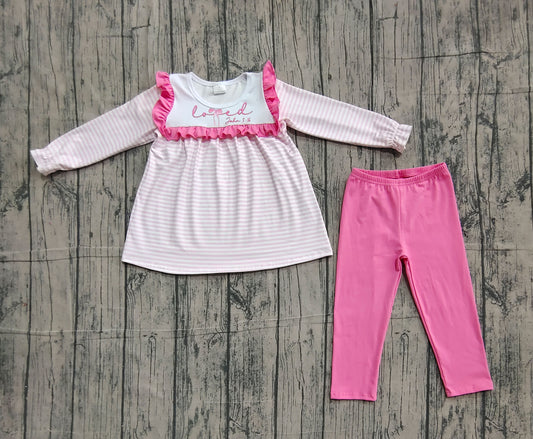 (Pre-order)GLP2916 LOVE John 3:16 Stripes Tunic Top Pink Pants Girls Valentine's Day Clothes Set