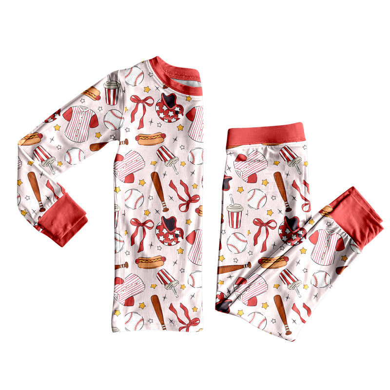 (Pre-order)GLP2918  Baseball Bows Print Girls Pajamas Clothes Set