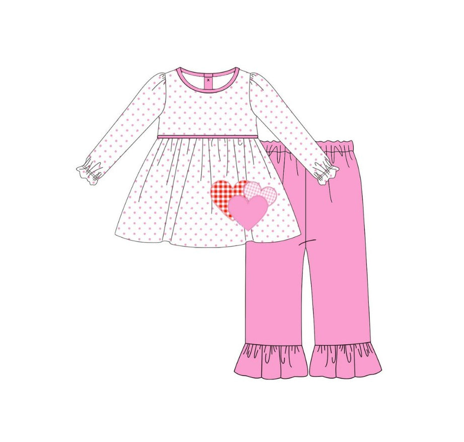(Pre-order)GLP2919 Heart Dots Tunic Top Pink Pants Girls Valentine's Day Clothes Set