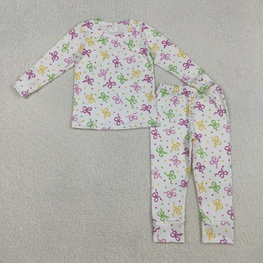 GLP2920  Colorful Bows Dots Print Girls Mardi Gras Pajamas Clothes Set