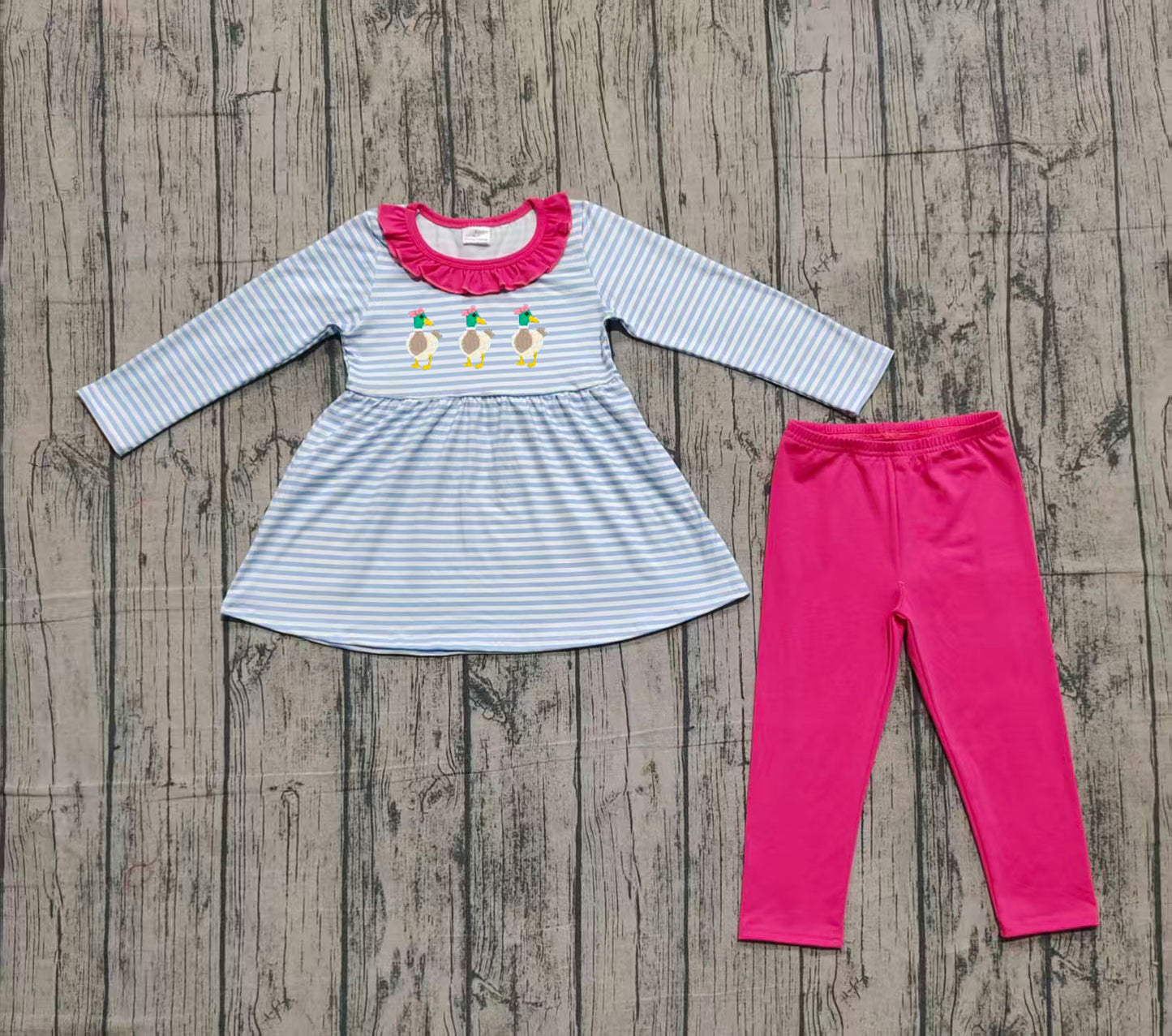(Pre-order)GLP2923 Duck Blue Stripes Tunic Top Pink Stripes Pants Girls Fall Clothes Set