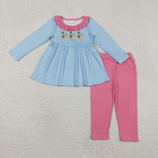 GLP2923 Duck Embroidery Blue Stripes Tunic Top Pink Stripes Pants Girls Fall Clothes Set