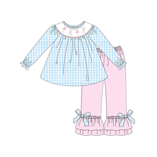 (Pre-order)GLP2925 Dance Blue Plaid Tunic Top Pink Pants Girls Clothes Set