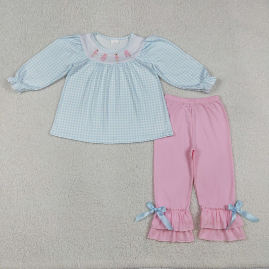 GLP2925 Dancer Shoes Embroidery Blue Plaid Tunic Top Pink Pants Girls Clothes Set